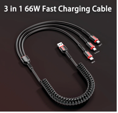  Wire Triple Charging 3 in 1 66W Fast Charging Cable Type C Cable Micro USB Cable for iPhone Charging Cable for Samsung Xiaomi Huawei